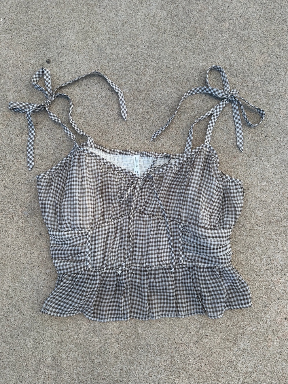 American Eagle XL Gingham Tie Strap Scrunch Top Cottagecore Peplum Tank Brown